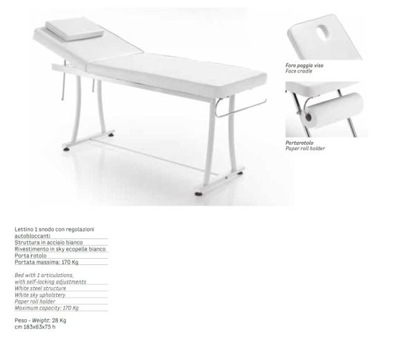Lettino acciaio 1 snodo acciaio bianco Rivestimento ecopelle bianco Porta rotolo e foro viso